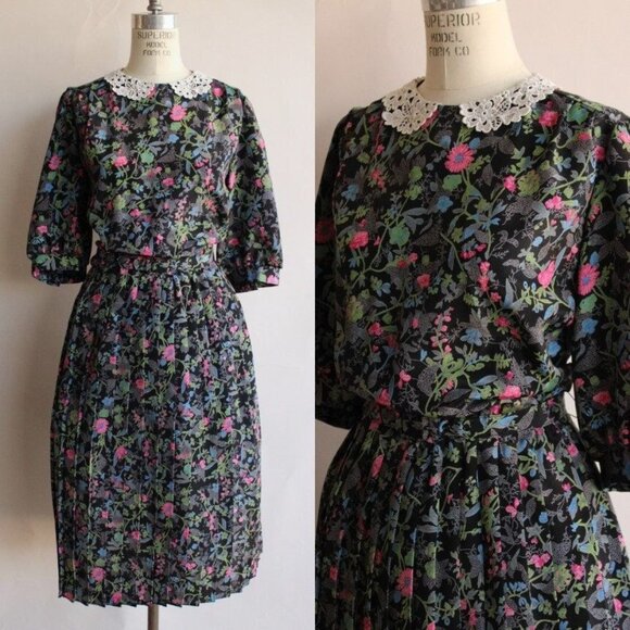 Vintage Dresses & Skirts - Vintage 1980's Dress with Belt, Breli Originals, Black Floral Print, Lace Collar
